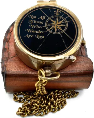 Vintage Brass 2 Inch Compass Not All Those Who Wander are Lost | Engraved Pocket Chain Compass with Leather Case for Outdoor Hiking Traveling Use