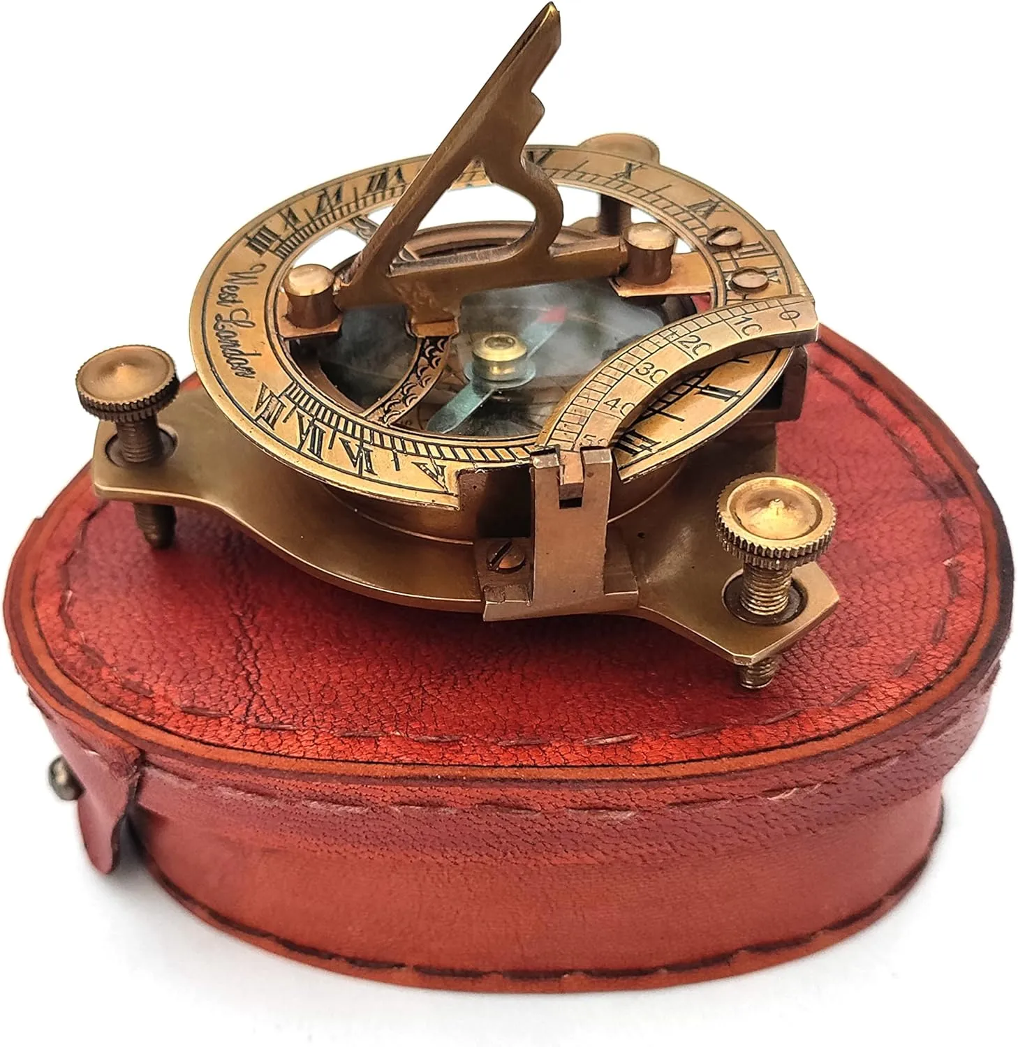 Vintage Brass Sundial Compass with Leather Case – 3" Nautical Antique Compass for Camping, Hiking & Travel for Birthday, Graduation & Adventure Lovers
