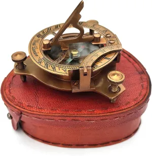 Vintage Brass Sundial Compass with Leather Case – 3" Nautical Antique Compass for Camping, Hiking & Travel for Birthday, Graduation & Adventure Lovers