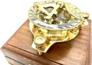 Vintage Brass Sundial Compass with Wooden Box, 2.5 Inch Handmade Navigation Tool for Camping, Hiking, Outdoor