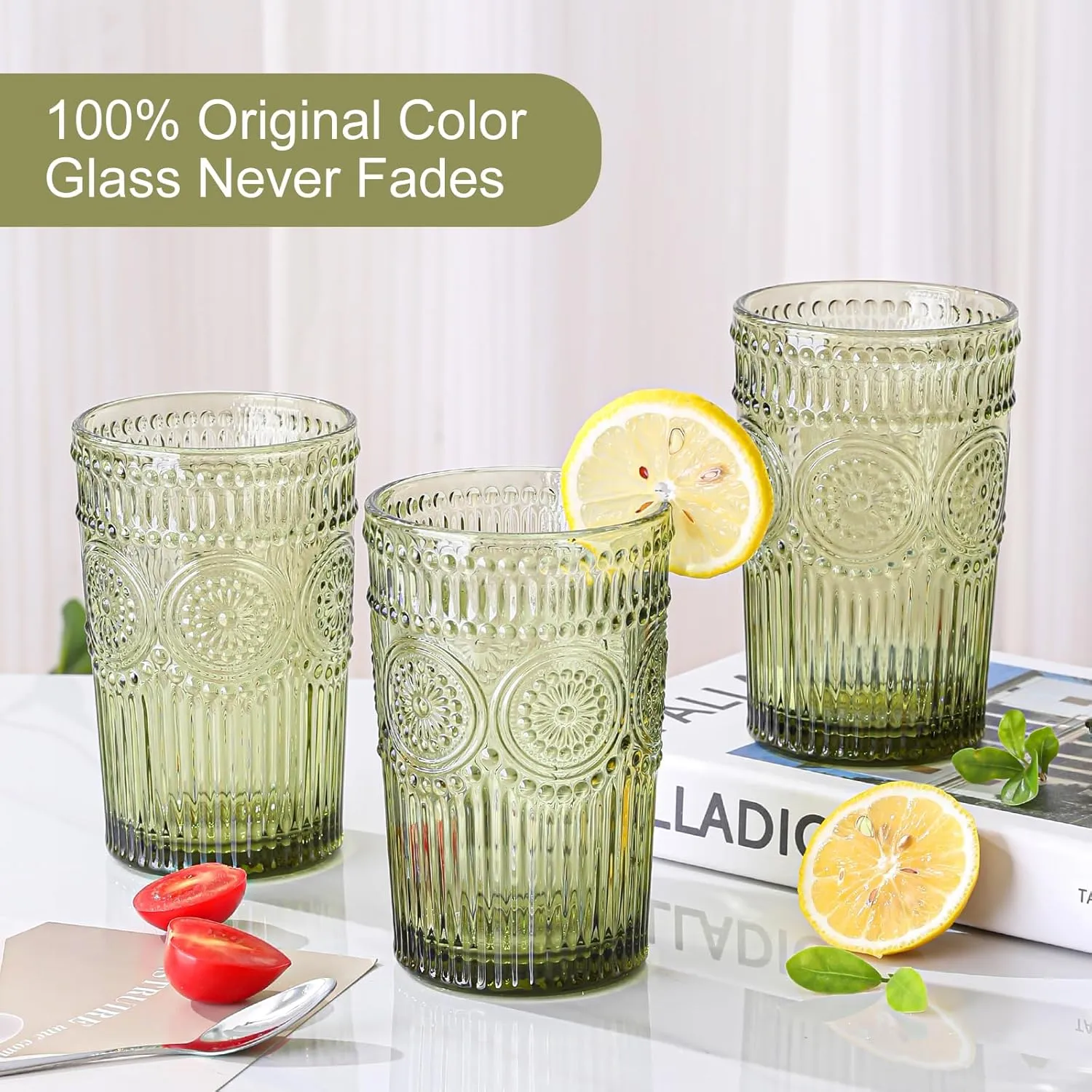 Vintage Glassware Drinking Glasses Set of 6,13 oz Green Textured Flower Design Glass Water Tumblers，Embossed Striped Drinkware for Water,Cocktails,Juice,Iced Coffee