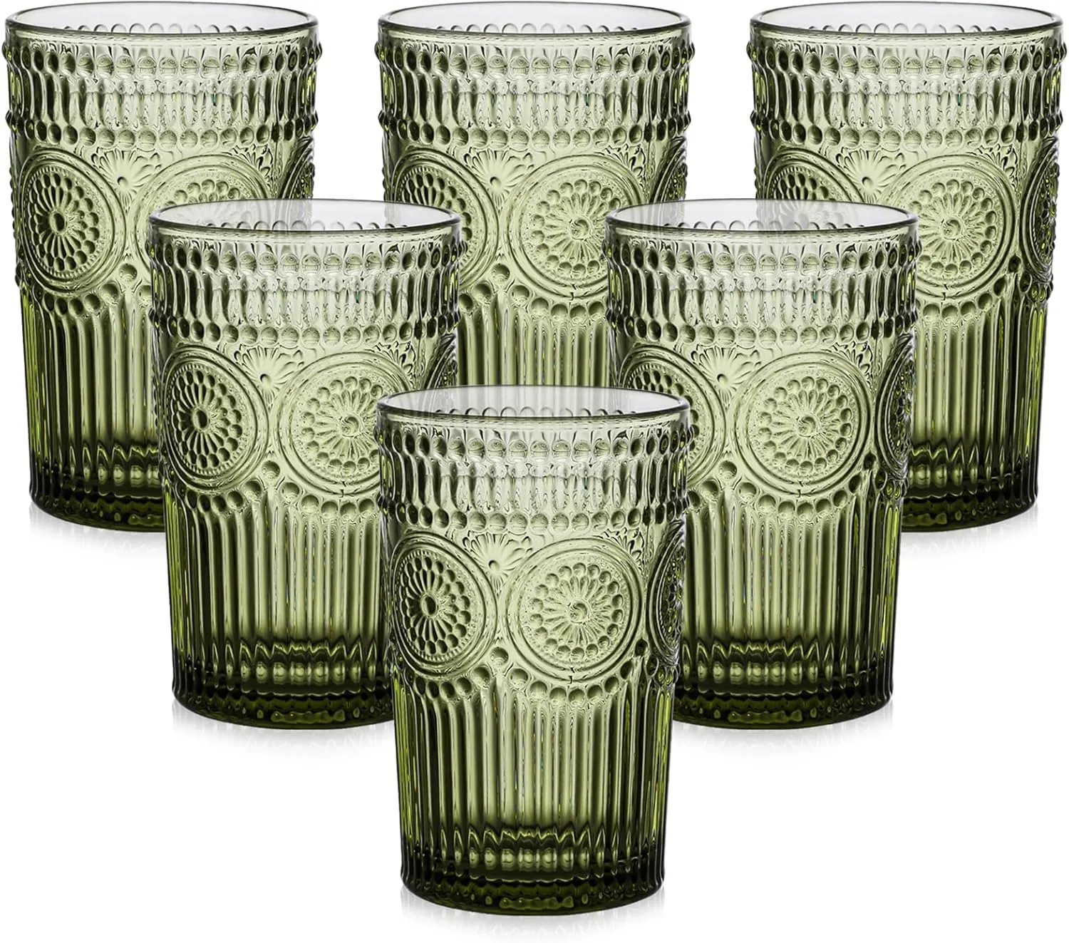 Vintage Glassware Drinking Glasses Set of 6,13 oz Green Textured Flower Design Glass Water Tumblers，Embossed Striped Drinkware for Water,Cocktails,Juice,Iced Coffee