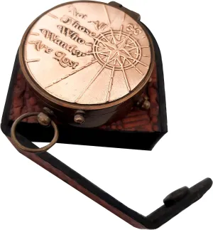 Vintage Nautical Compass – Not All Those Who Wander are Lost – Solid Brass & Copper with Leather Case – Antique Pocket Compass Gift for Men, Hikers, Collectors