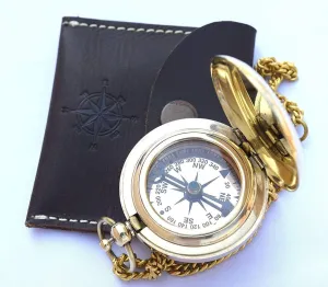 Vintage Style Brass Pocket Compass with Leather Case and Chain, Nautical Navigation Tool with Compass Rose Design