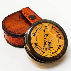 VINTORIA Statue of Liberty Brass Magnetic Direction Compass with Leather Box | Vintage Collectible, for Navigation, Travel, and Home Décor