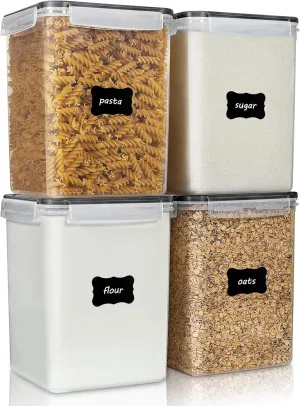 Vtopmart 4 PCS Large Food Storage Containers 5.2L / 175oz, 4 Pieces BPA Free Plastic Airtight Canisters for Flour, Sugar, Baking Supplies, Rice with Lids, 4 Measuring Cups and 24 Labels, Black
