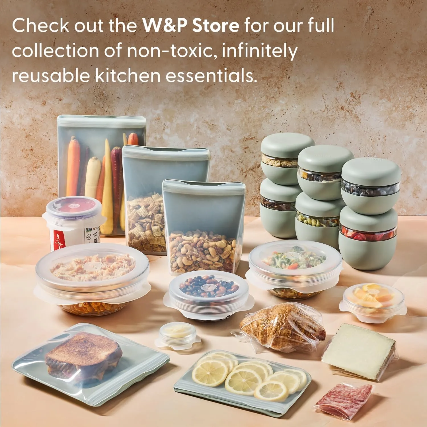 W&P Porter Bowl Lunch Container w/ Protective Non-slip Exterior, Blush 1 Liter | Lid & Snap-tight Silicone Strap | Food Storage, Bento Box, Meal Prep | BPA-Free Ceramic