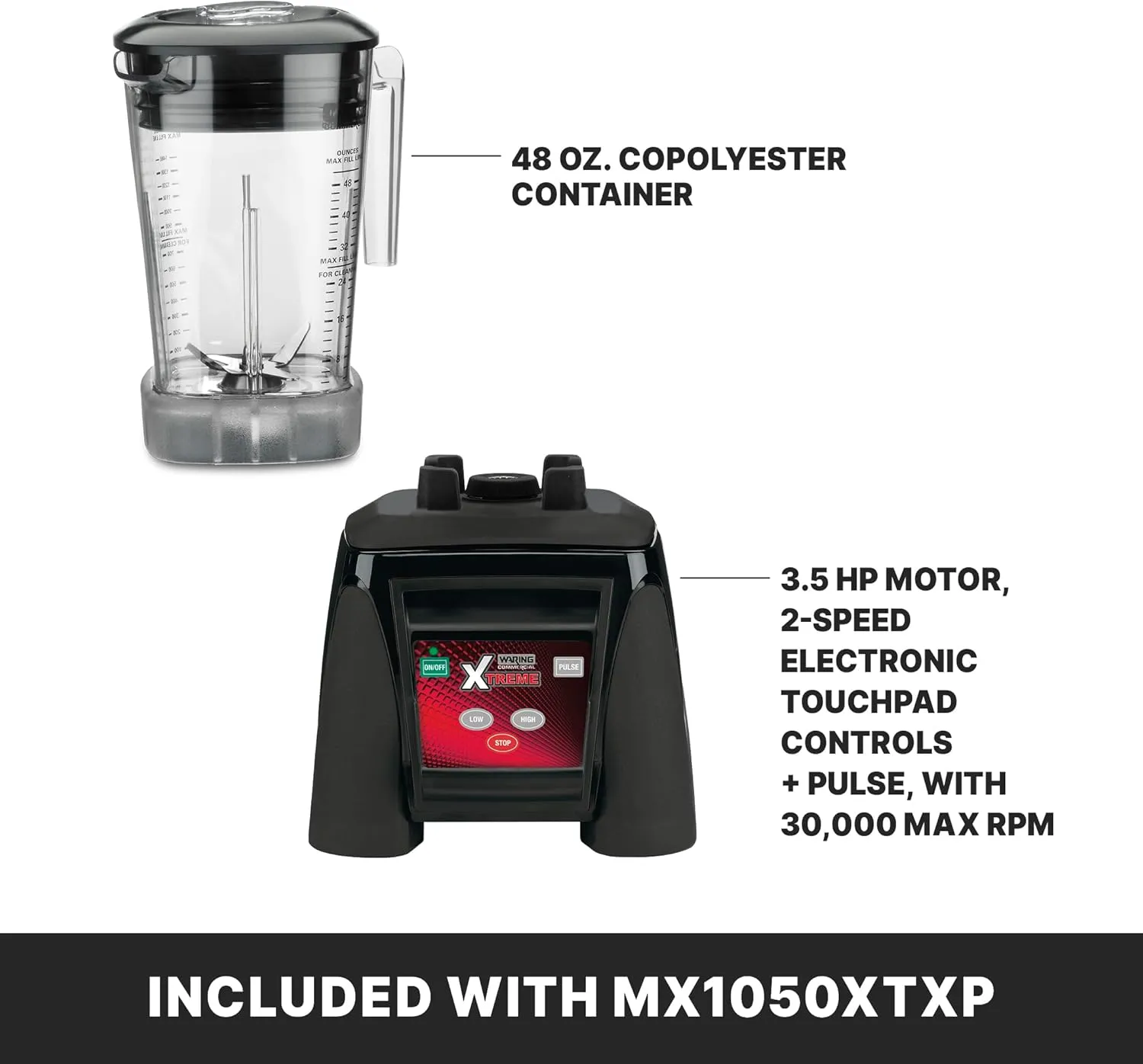 Waring Commercial MX1050XTXP 3.5 HP Blender with Electronic Keypad, Pulse Feature and a 48 oz. BPA Free Copolyester Container, 120V, 5-15 Phase Plug,Black