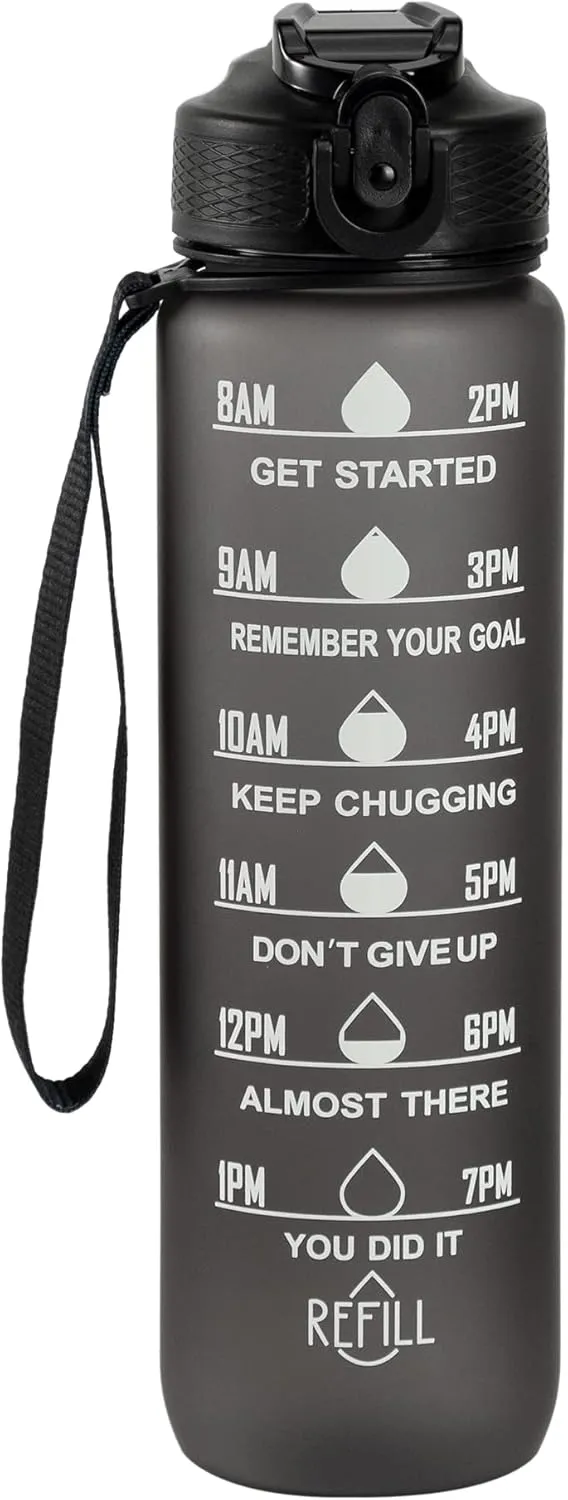 Water bottles 32oz Motivational Gradient FREE GYM Fitness Sports Leakproof Wide Mouth Tritan Plastic Water Bottle with Time Marker (black)