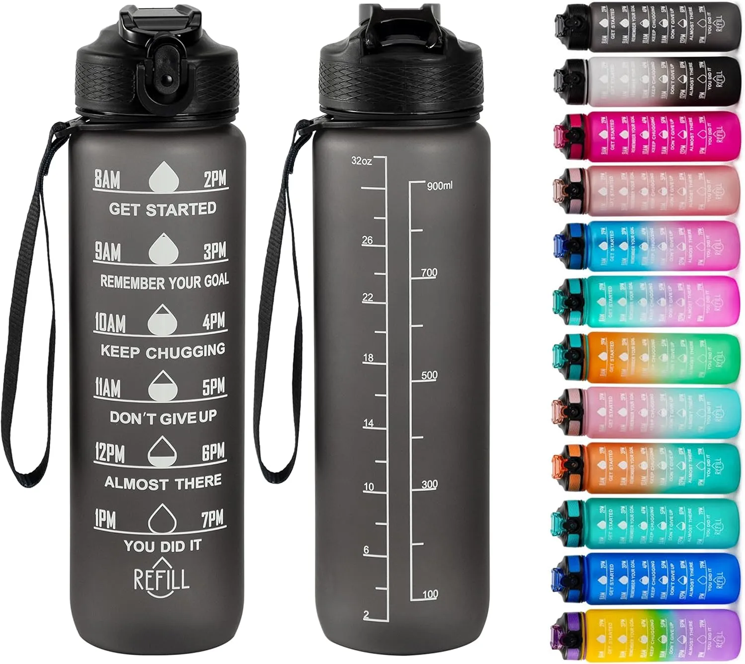 Water bottles 32oz Motivational Gradient FREE GYM Fitness Sports Leakproof Wide Mouth Tritan Plastic Water Bottle with Time Marker (black)