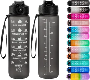 Water bottles 32oz Motivational Gradient FREE GYM Fitness Sports Leakproof Wide Mouth Tritan Plastic Water Bottle with Time Marker (black)