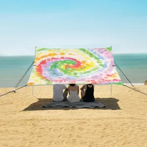 Watercolor Tie Dye Swirl Beach Canopy Tent Anti-UV & Wind Resistant, Rainbow Boho Camping Sun Shelter Easy Setup Portable,Outdoor Shade Tents with Sandbags,Sand Shovels,Ground Pegs & Stability P