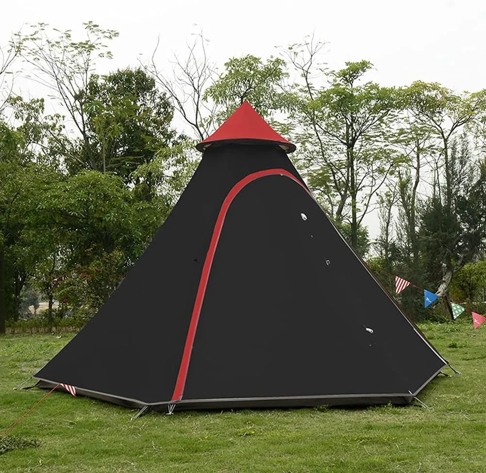 Waterproof Camping Pyramid Teepee Tent Adult Tent Waterproof Double Layers Indian Tent Yurt Tent Tower Post Bell Tent for Outdoor Family Trip, Black