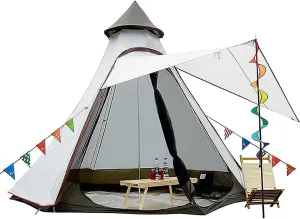 Waterproof Camping Pyramid Teepee Tent Adult Tipi Tent Waterproof Double Layers Indian Tent Yurt Tent Tower Post Bell Tent for Outdoor Family Trip