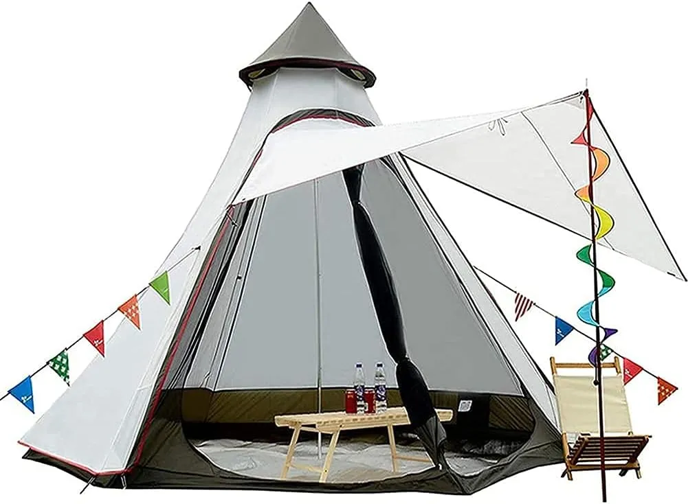 Waterproof Camping Pyramid Teepee Tent Adult Tipi Tent Waterproof Double Layers Indian Tent Yurt Tent Tower Post Bell Tent for Outdoor Family Trip