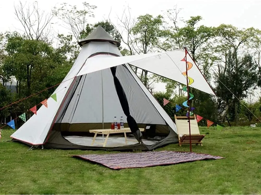 Waterproof Camping Pyramid Teepee Tent Adult Tipi Tent Waterproof Double Layers Indian Tent Yurt Tent Tower Post Bell Tent for Outdoor Family Trip