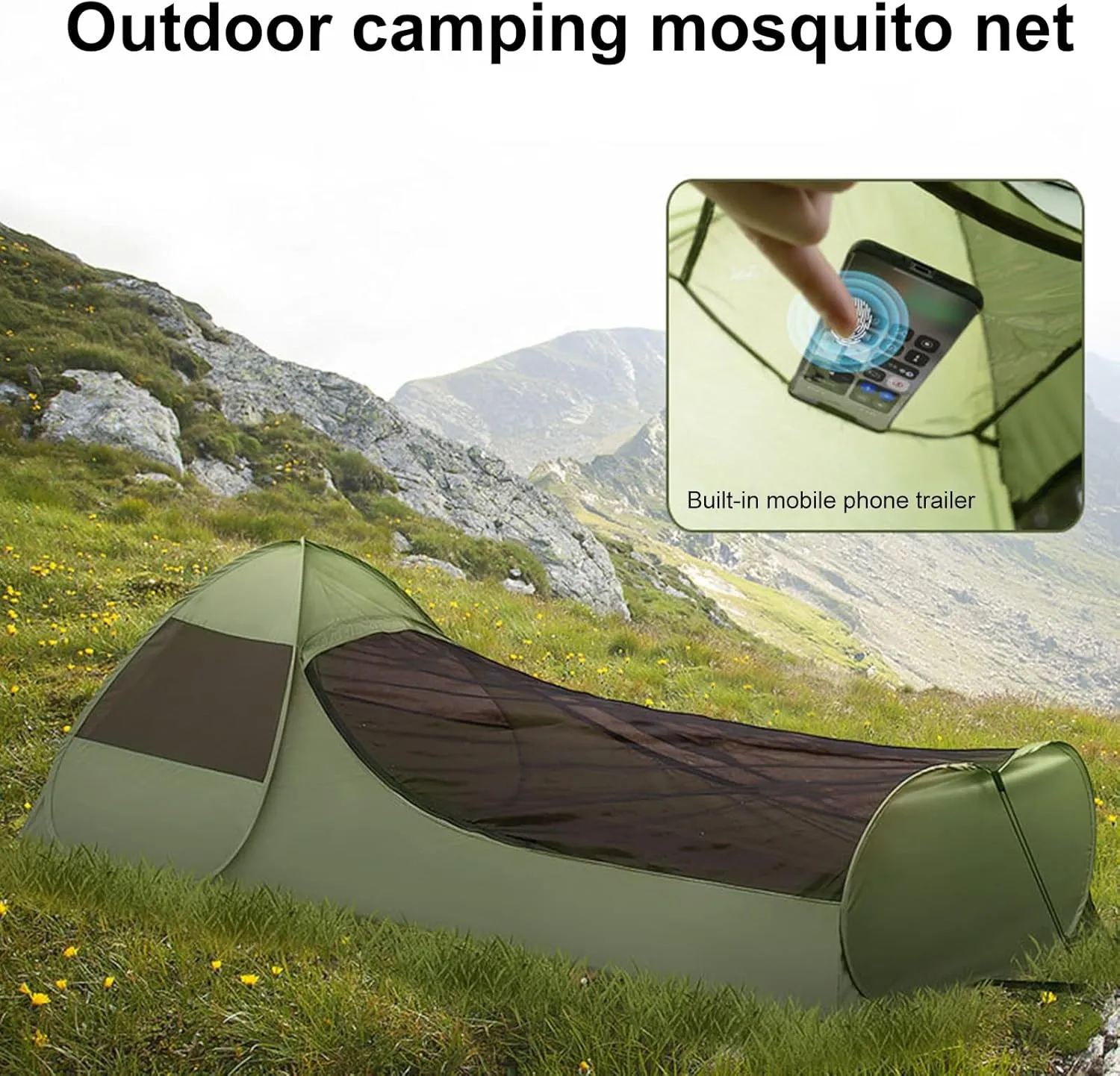 Waterproof Windproof Tent Single Person Poping Tent, Pop-up Camping Tents with Phone Holder Breathable Anti-gnats Net Lightweight, Portable Lightweight Tents Easy Setup Outdoor Hiking Black