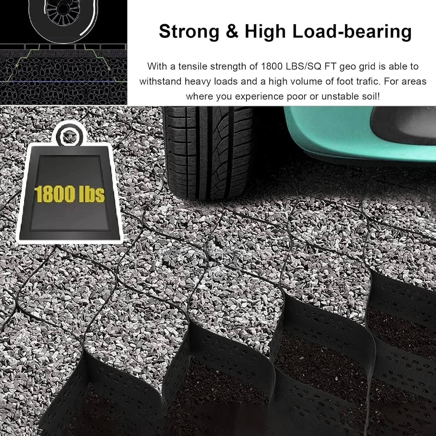 WDJBPSH 5cm Deep Embankment Protection Geocells Grid Paver, Black Honeycomb Ground Support Mesh for Ground Reinforcement/Erosion Control, Load - 800kg(1x4m)