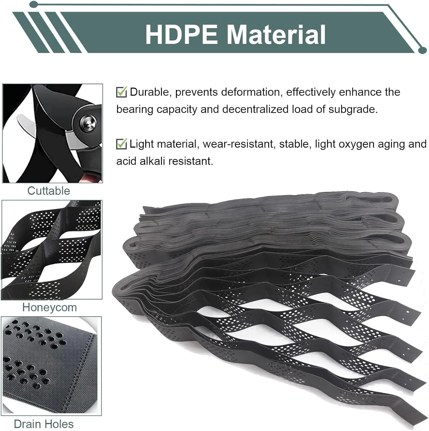 WDJBPSH 5cm Deep Embankment Protection Geocells Grid Paver, Black Honeycomb Ground Support Mesh for Ground Reinforcement/Erosion Control, Load - 800kg(1x4m)