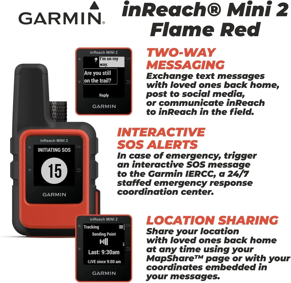 Wearable4U - Garmin inReach Mini 2 Satellite Communicator (Flame Red) with Power Pack Bundle