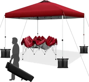 WEIZE 10x10 pop up Canopy Tent, One-Button Push Setup, Adjustable Height pop up Gazebo, Instant Portable Shelter, 4 Weight Bags, Sun Shade for Events & Camping, Silver Coated Top,Red