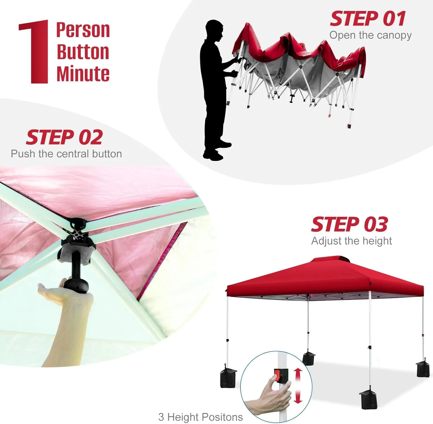 WEIZE 10x10 pop up Canopy Tent, One-Button Push Setup, Adjustable Height pop up Gazebo, Instant Portable Shelter, 4 Weight Bags, Sun Shade for Events & Camping, Silver Coated Top,Red