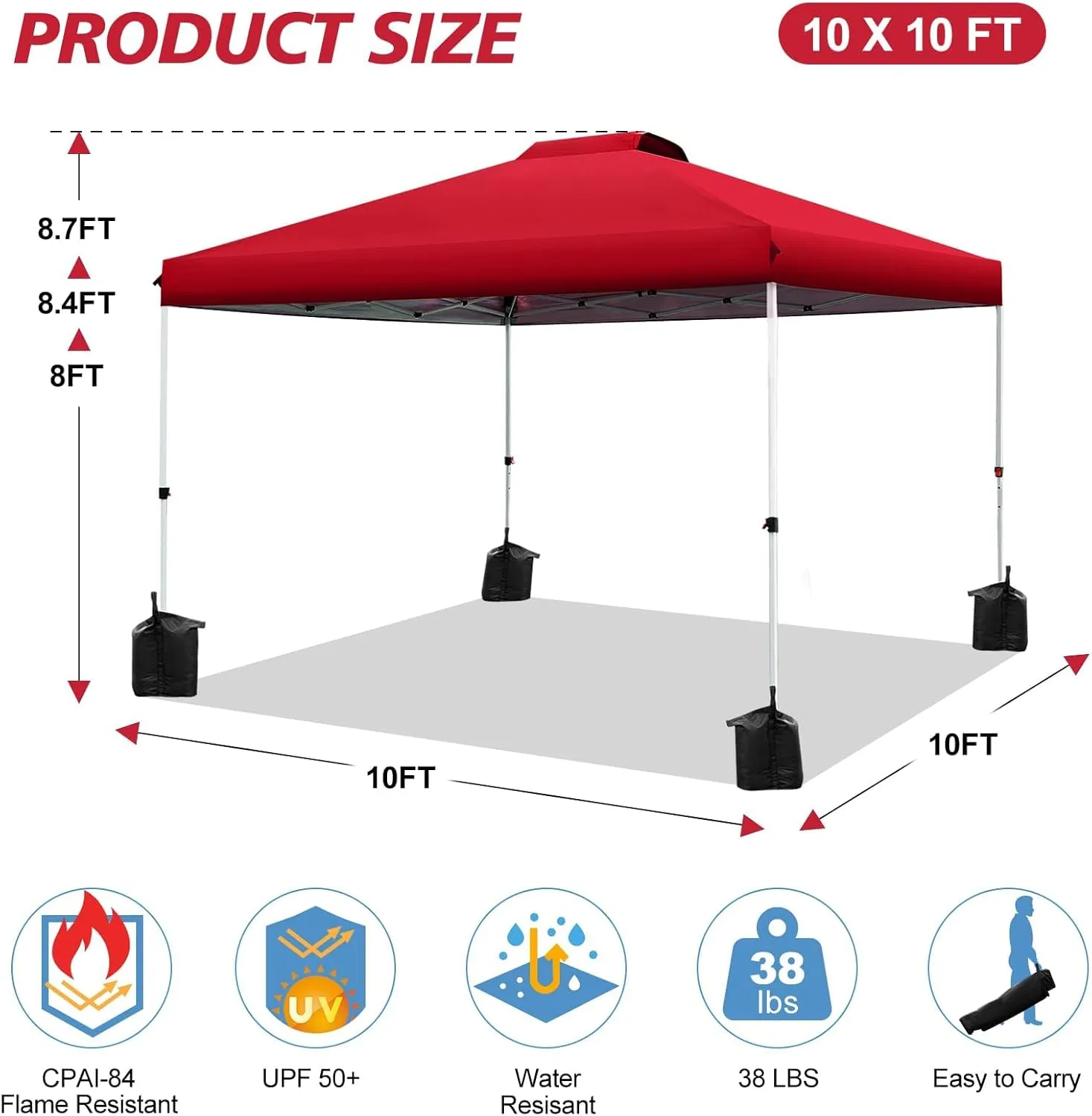 WEIZE 10x10 pop up Canopy Tent, One-Button Push Setup, Adjustable Height pop up Gazebo, Instant Portable Shelter, 4 Weight Bags, Sun Shade for Events & Camping, Silver Coated Top,Red