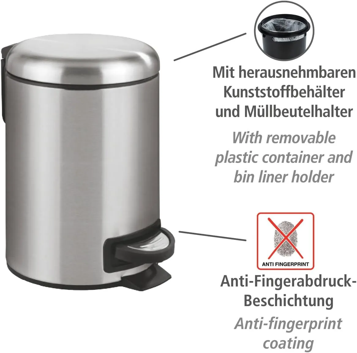 WENKO Small Trash Can with Lid and Pedal, Bathroom Garbage Can, Trash Bin with Removable Inner Bucket, Stainless Steel, Easy Close, 0.79 Gal, 9.84 x 8.86 x 6.69 in., Silver