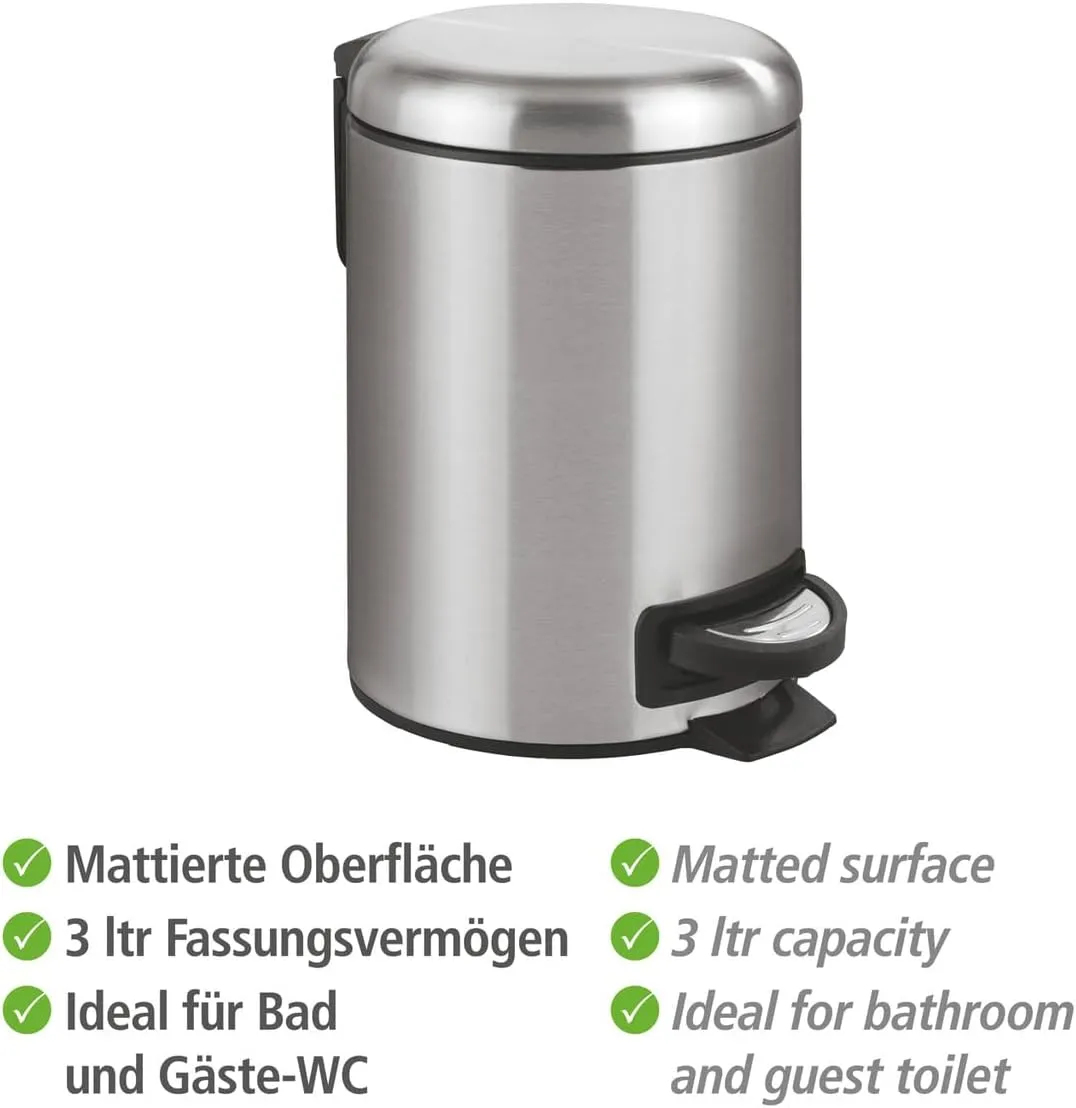 WENKO Small Trash Can with Lid and Pedal, Bathroom Garbage Can, Trash Bin with Removable Inner Bucket, Stainless Steel, Easy Close, 0.79 Gal, 9.84 x 8.86 x 6.69 in., Silver