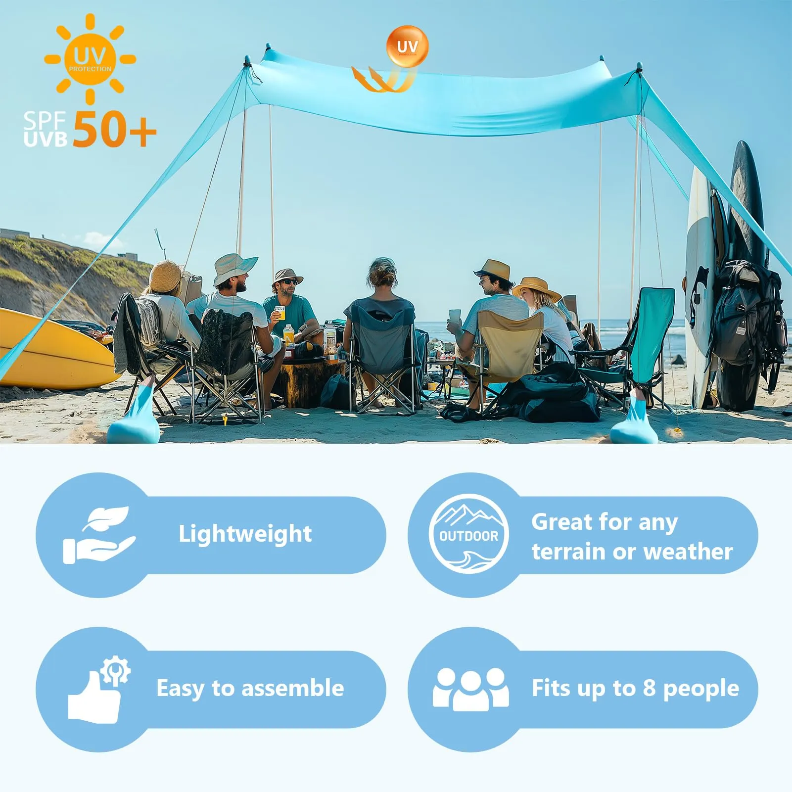 WILDPATH Beach Tent Sun Shelter 10 x 10FT, UPF 50  Protection Beach Shade Canopy with 8 Sandbags, Eazy Up Portable Canopy Tent for Beach, Camping, Fishing, Backyard