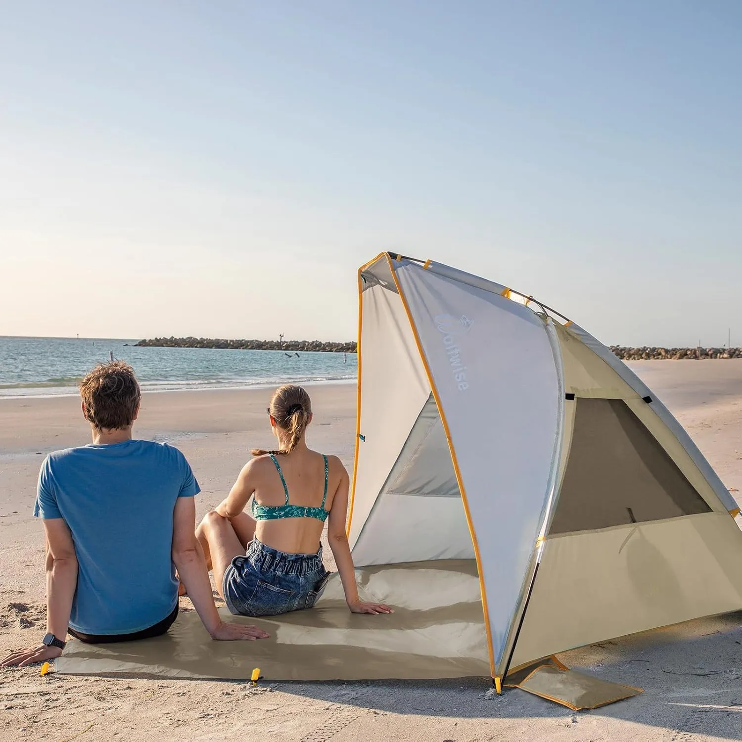 WolfWise 2-3 Person Portable Beach Tent UPF 50  Sun Shade Canopy Umbrella with Extendable Floor, Beige