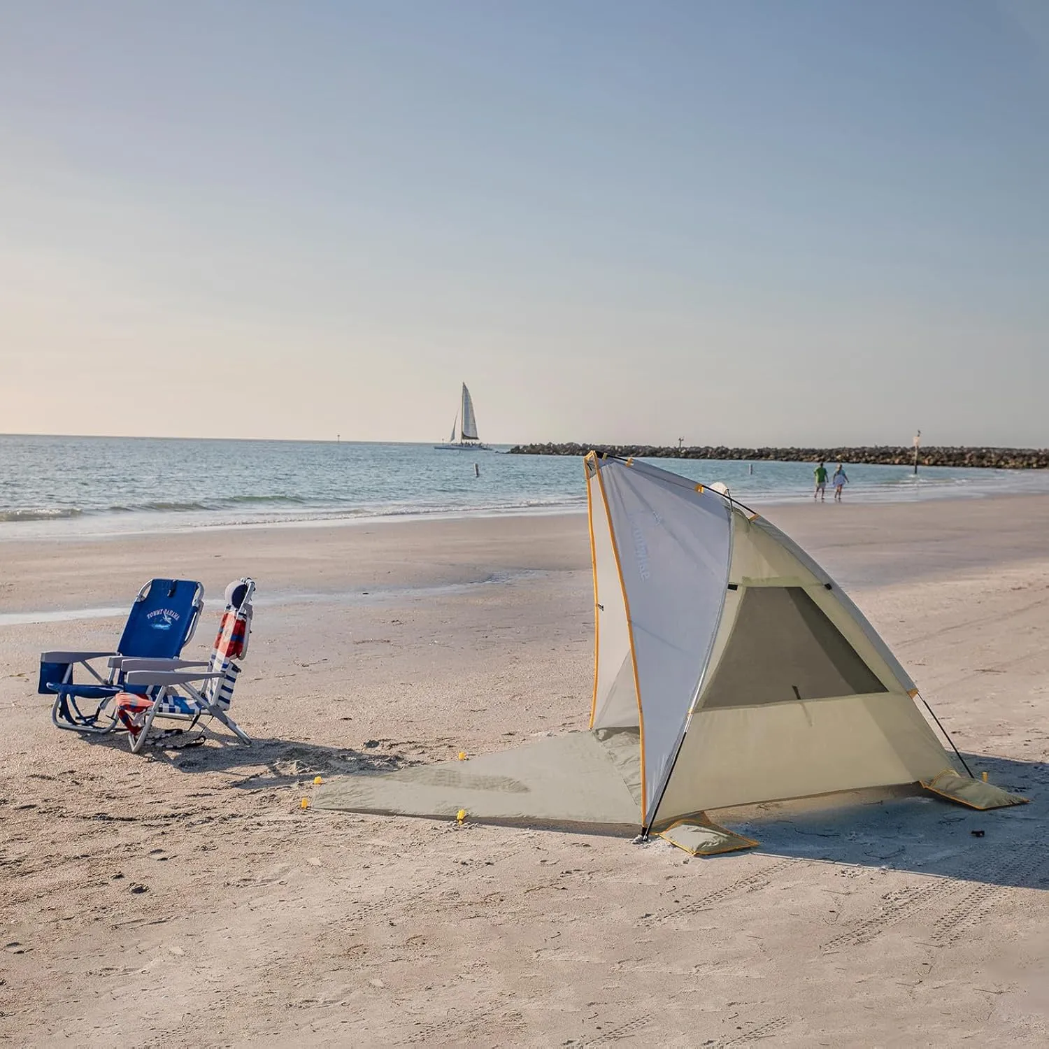 WolfWise 2-3 Person Portable Beach Tent UPF 50  Sun Shade Canopy Umbrella with Extendable Floor, Beige
