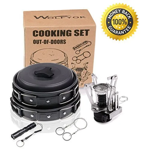 WOLFYOK OUTDOOR CAMPING PAN HIKING BACKPACKING COOKWARE SET BUNDLE WITH CAMPING STOVE, FLASHLIGHT, PIEZO IGNITION KIT (12-ITEMS)