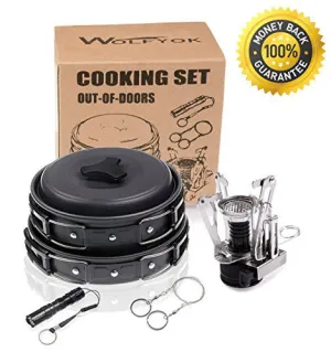 WOLFYOK OUTDOOR CAMPING PAN HIKING BACKPACKING COOKWARE SET BUNDLE WITH CAMPING STOVE, FLASHLIGHT, PIEZO IGNITION KIT (12-ITEMS)