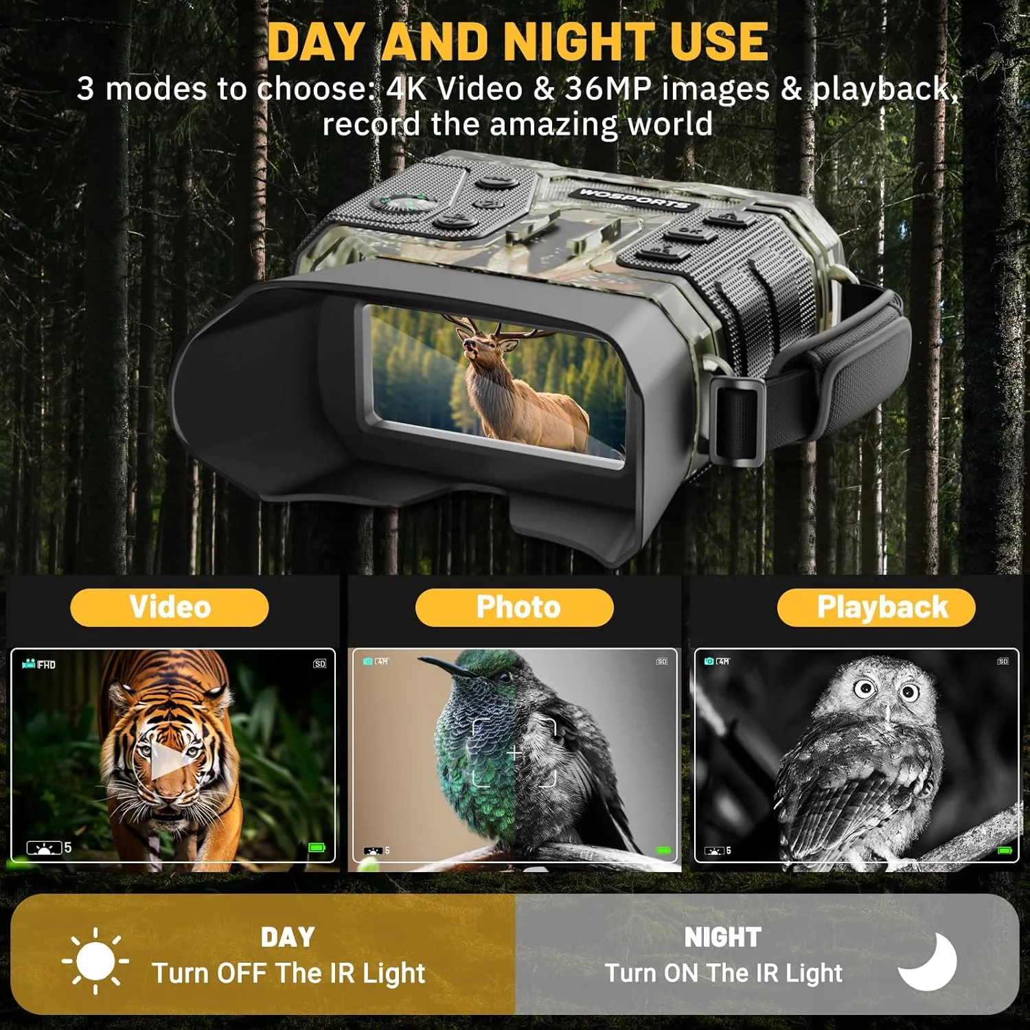 WOSPORTS 4K Night Vision Binoculars, 1300FT Infrared Night Vision Goggles for Adults with 32GB Card & 15H Rechargeable Battery, 8X Digital Zoom for Camping Hunting Survival, Men's Gift, Camo