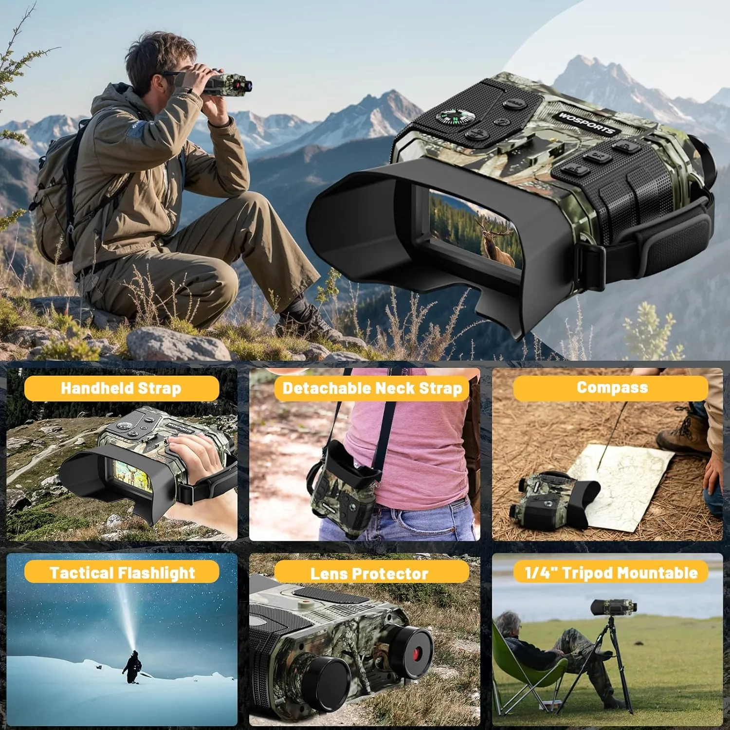WOSPORTS 4K Night Vision Binoculars, 1300FT Infrared Night Vision Goggles for Adults with 32GB Card & 15H Rechargeable Battery, 8X Digital Zoom for Camping Hunting Survival, Men's Gift, Camo