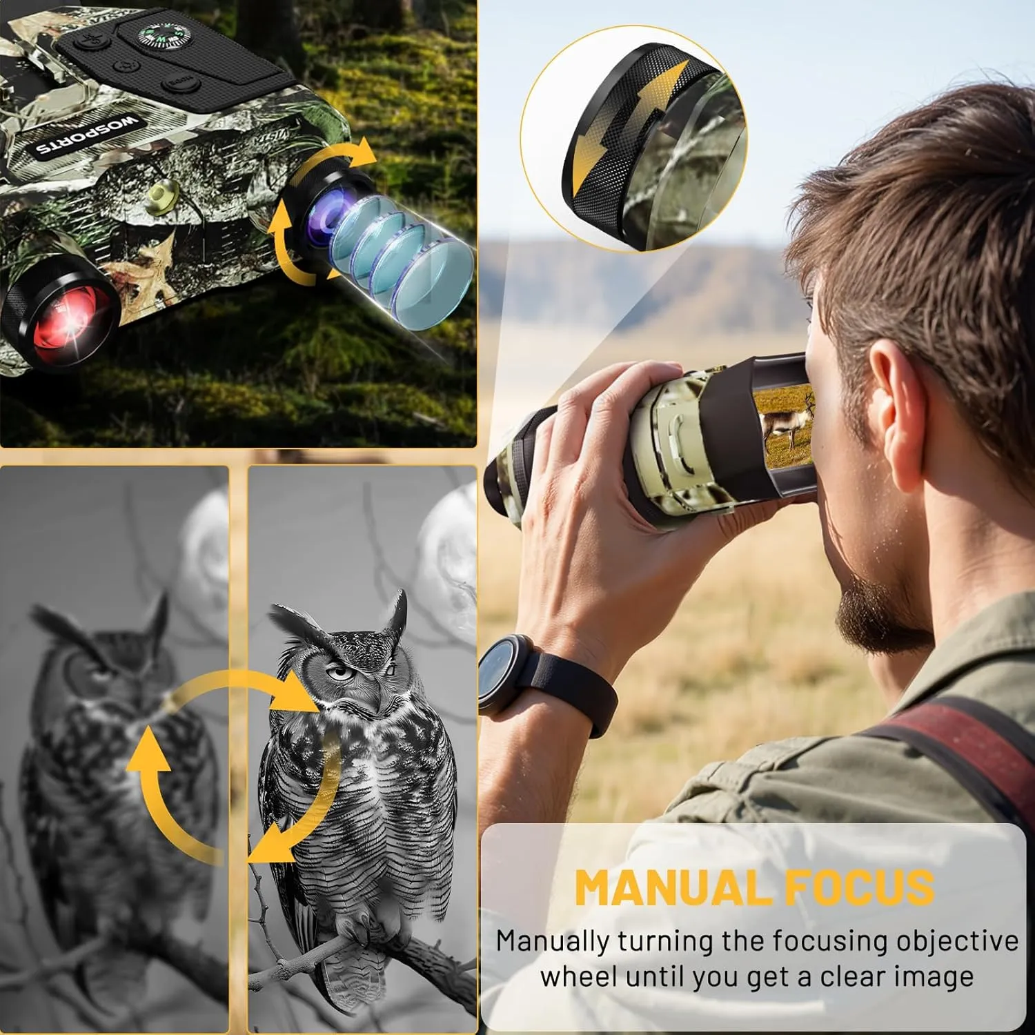 WOSPORTS 4K Night Vision Binoculars, 1300FT Infrared Night Vision Goggles for Adults with 32GB Card & 15H Rechargeable Battery, 8X Digital Zoom for Camping Hunting Survival, Men's Gift, Camo
