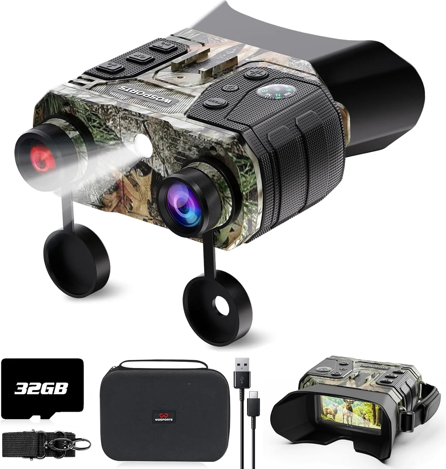 WOSPORTS 4K Night Vision Binoculars, 1300FT Infrared Night Vision Goggles for Adults with 32GB Card & 15H Rechargeable Battery, 8X Digital Zoom for Camping Hunting Survival, Men's Gift, Camo