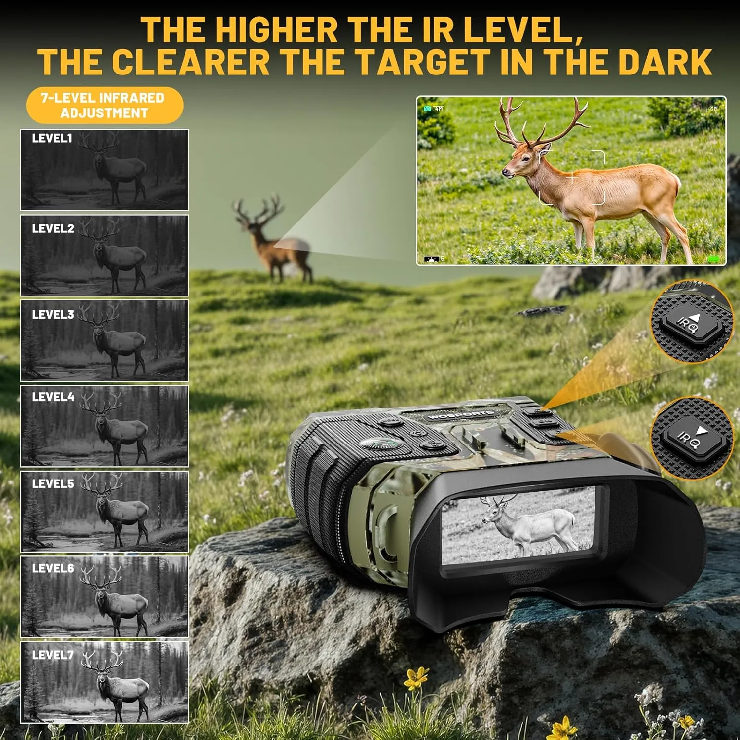 WOSPORTS 4K Night Vision Binoculars, 1300FT Infrared Night Vision Goggles for Adults with 32GB Card & 15H Rechargeable Battery, 8X Digital Zoom for Camping Hunting Survival, Men's Gift, Camo
