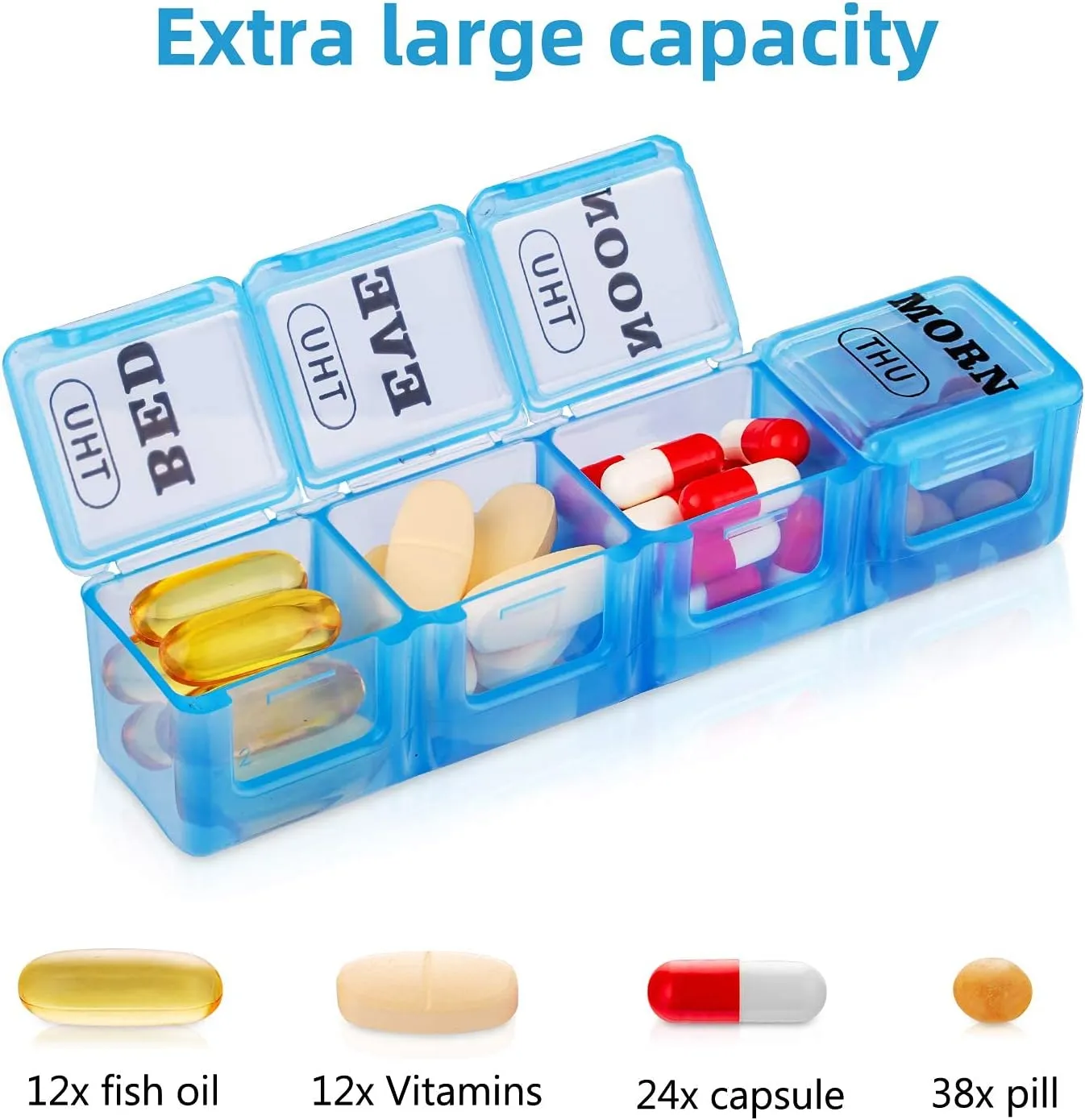 XL Large Weekly Pill Organizer 4 Times a Day, 7-Day Pill Boxes and Organizer AM PM, Big Compartments Pill Case, Monthly Medication Organizer 29 Days Dispenser for Fish Oils