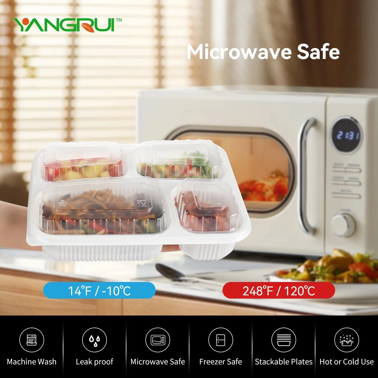 YANGRUI To Go Containers, 40 Pack 34oz White Meal Prep Container BPA Free Shrink Wrap Microwave Safe Reusable Bento Box