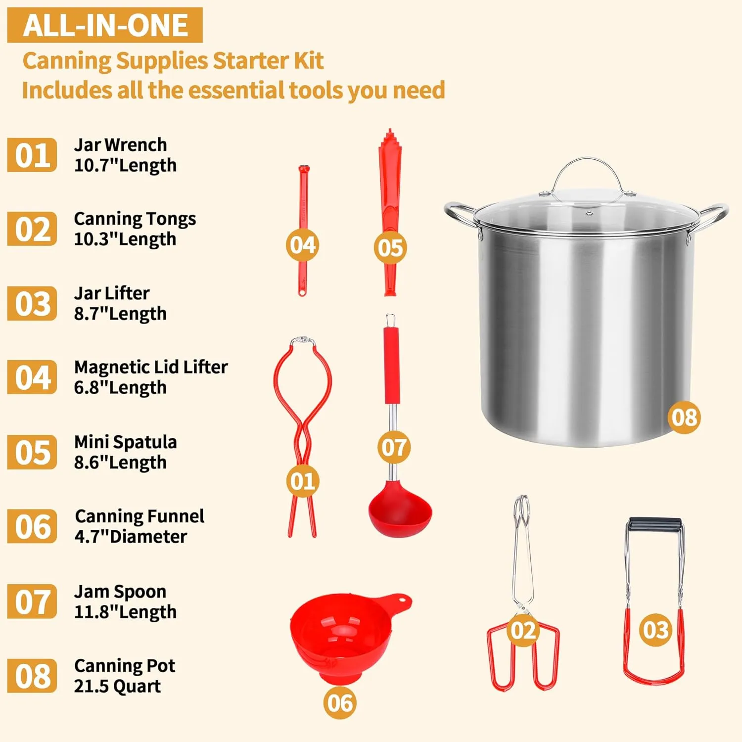 yeshine 21.5 Quart Canning Pot with Lid, Large Water Bath Canning Pot Set with Full Canning Tools Set, Stainless Steel Canner Supplies Starter Kit for Beginners for Home, Kitchen (Red)