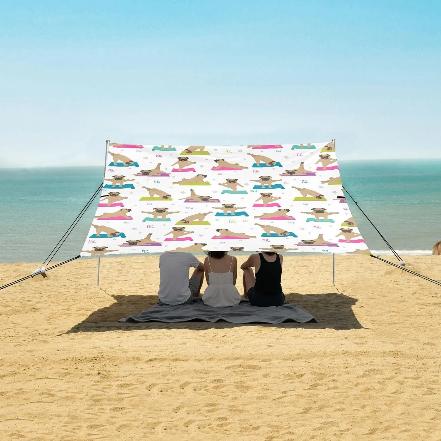Yoga Dogs Poses and Exercises Beach Canopy Tent Anti-UV & Wind Resistant, Camping Sun Shelter Easy Setup Portable,Outdoor Shade Tents with Sandbags,Sand Shovels,Ground Pegs & Stability Poles