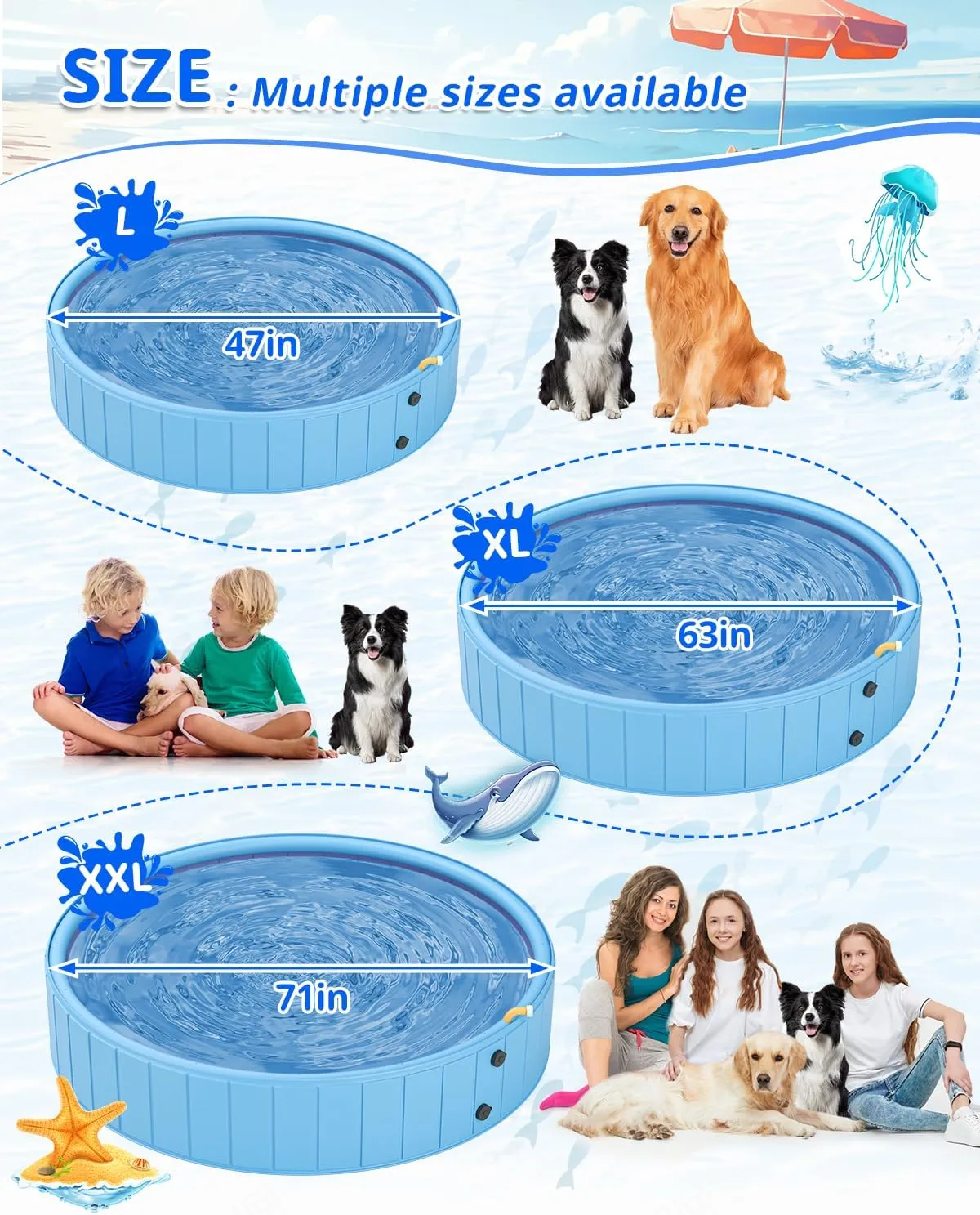 YSJILIDE Dog Pools for Large Dogs, 2-in-1 Sprinkler Pool for Kids Non-Slip Dog Swimming Pool for Outdoor Backyard Kids Dogs Ducks and Pet Baths 70" x 12"