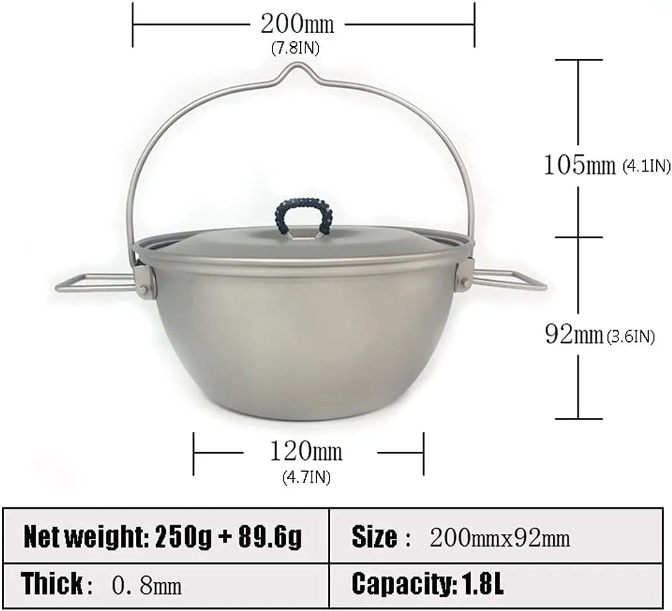 YYDS Outdoor Camping Camping Cookware Portable Lightweight Pot Outdoors Indoors Kitchen Family Campfire Hiking Camping Cooker Titanium Pot Adventures Picnics (Size : 1.8L)