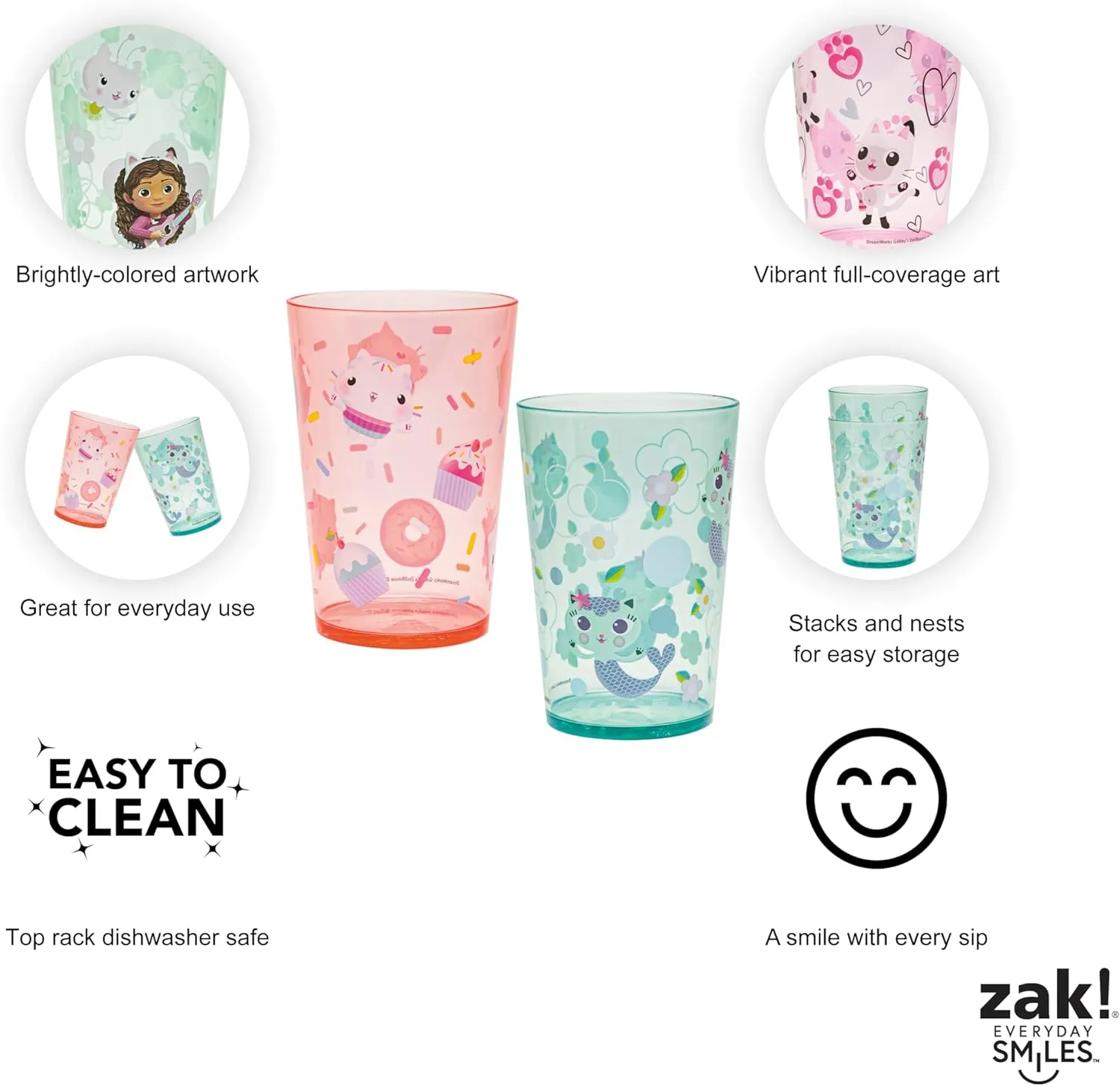 Zak Designs DreamWorks Gabby's Dollhouse Nesting Tumbler Set for At Home, 14.5oz Non-BPA Plastic Cups, 4-Pack (Gabby, Pandy Paws, Cakey Cat, Mercat, Kitty Fairy, Baby Box)