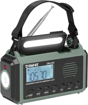 ZHIWHIS Emergency Radio with Auto NOAA Alerts, 10000mAh AM FM SW Weather Radios, Hand Crank/Solar/SOS/Flashligh/Reading Lamp/Timer Portable Receiver with Preset, for Emergencies ZWS-905